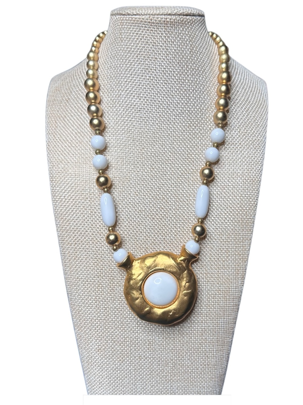 Gold and White Beaded Statement Necklace